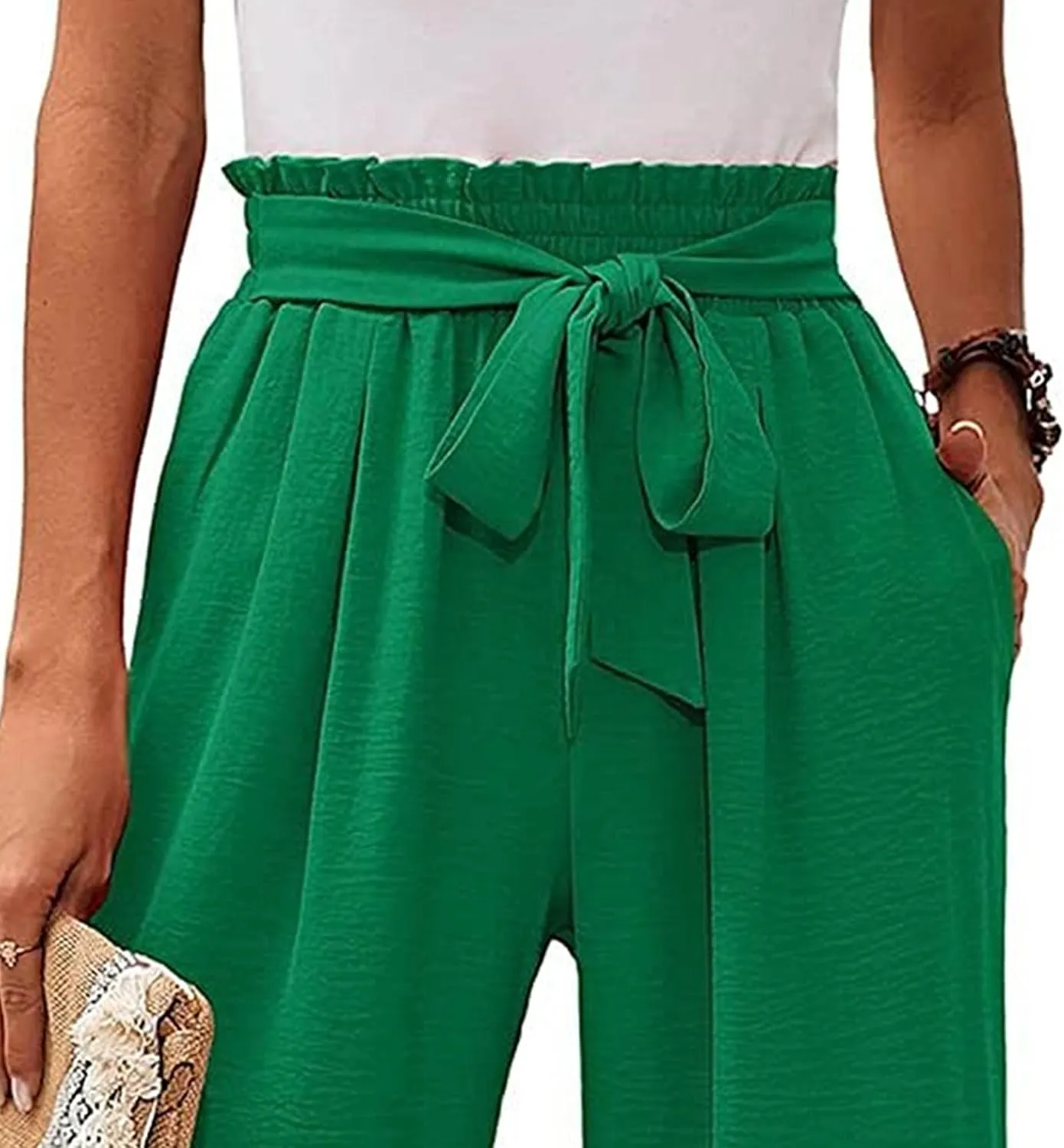 Summer Women's High Waist Slim Straight Wide Leg Pants Solid Color Pocket Belt Casual Pants Loose Trousers