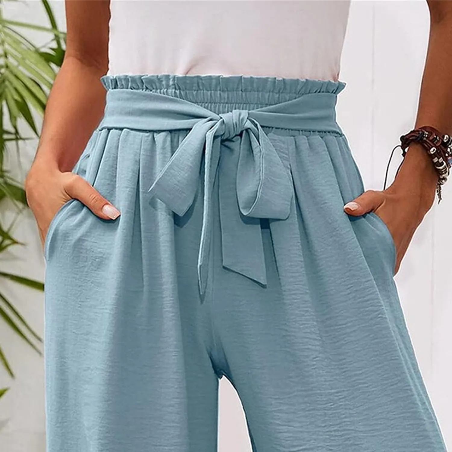 Summer Women's High Waist Slim Straight Wide Leg Pants Solid Color Pocket Belt Casual Pants Loose Trousers
