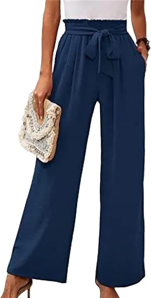 Summer Women's High Waist Slim Straight Wide Leg Pants Solid Color Pocket Belt Casual Pants Loose Trousers