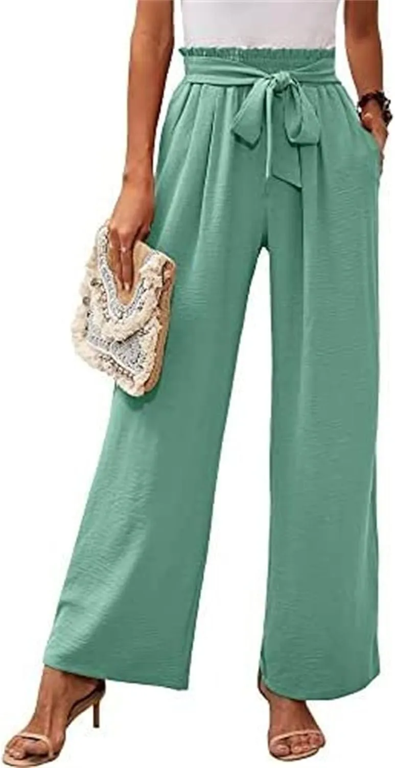 Summer Women's High Waist Slim Straight Wide Leg Pants Solid Color Pocket Belt Casual Pants Loose Trousers