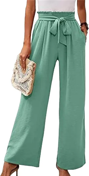 Summer Women's High Waist Slim Straight Wide Leg Pants Solid Color Pocket Belt Casual Pants Loose Trousers