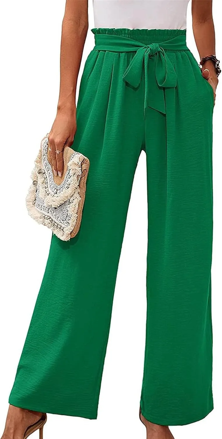 Summer Women's High Waist Slim Straight Wide Leg Pants Solid Color Pocket Belt Casual Pants Loose Trousers