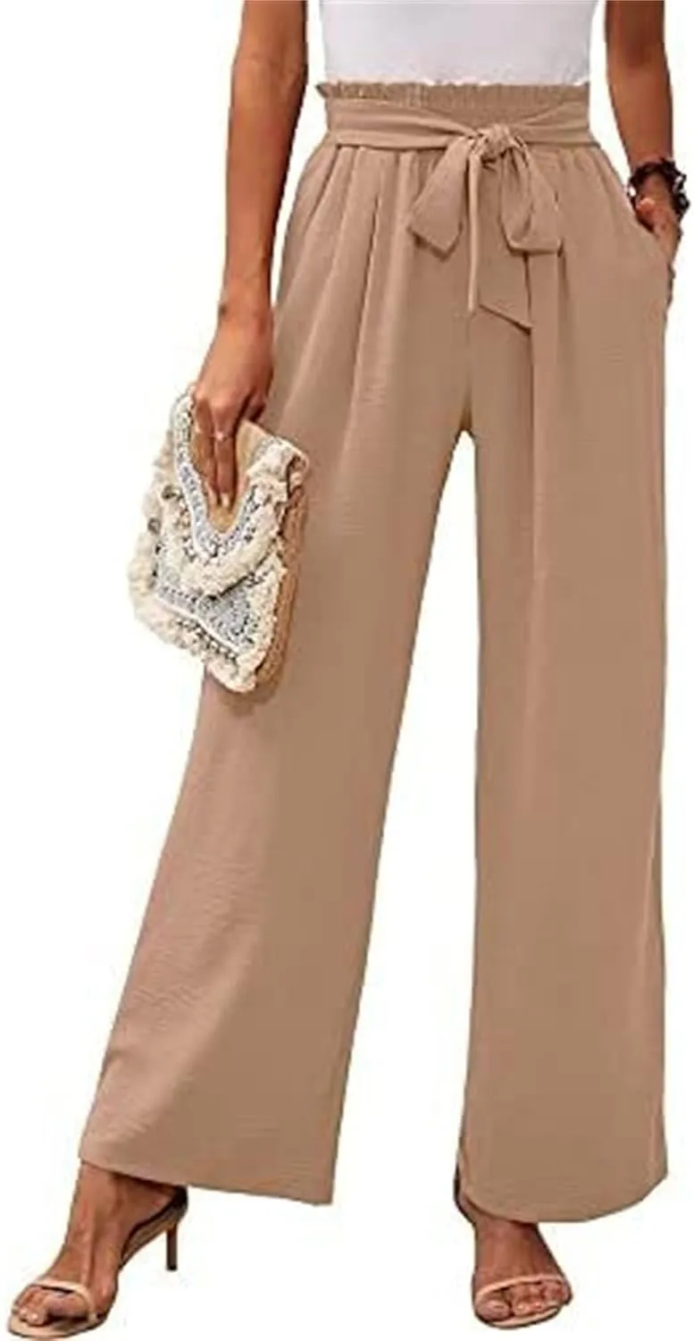 Summer Women's High Waist Slim Straight Wide Leg Pants Solid Color Pocket Belt Casual Pants Loose Trousers