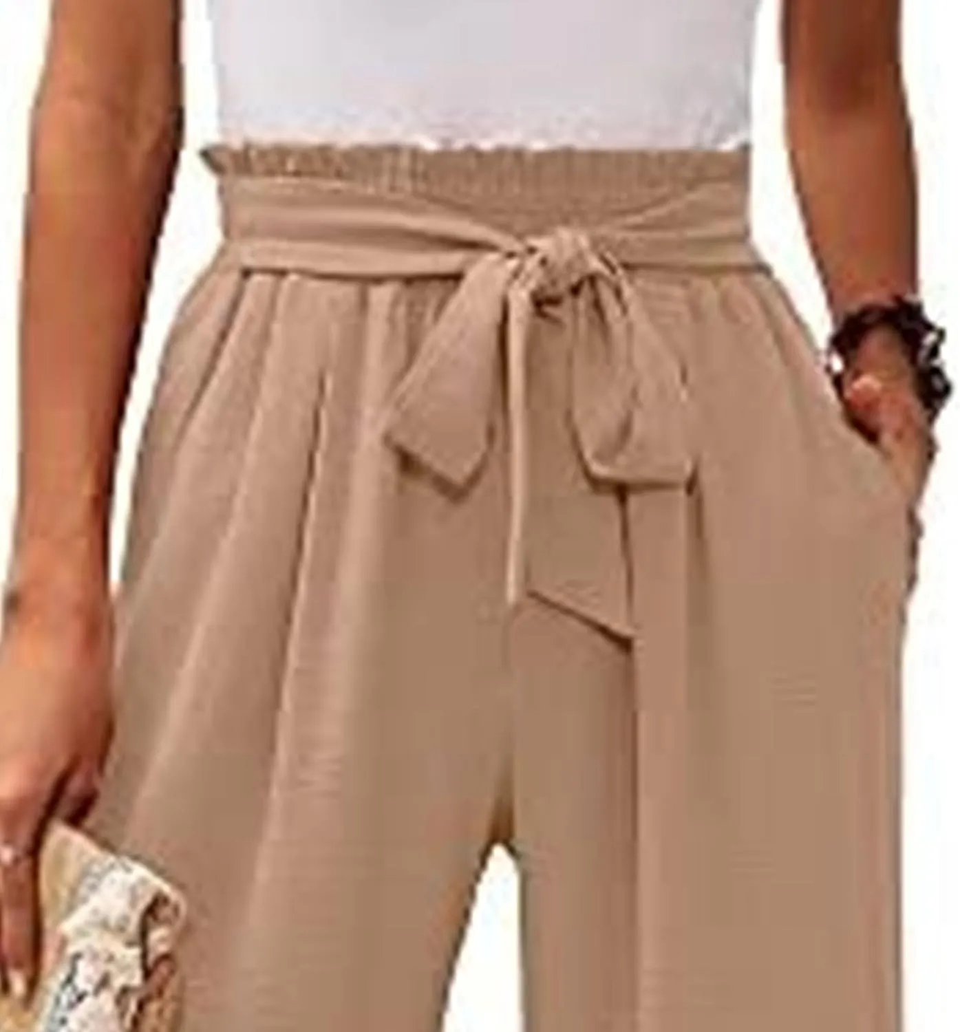 Summer Women's High Waist Slim Straight Wide Leg Pants Solid Color Pocket Belt Casual Pants Loose Trousers