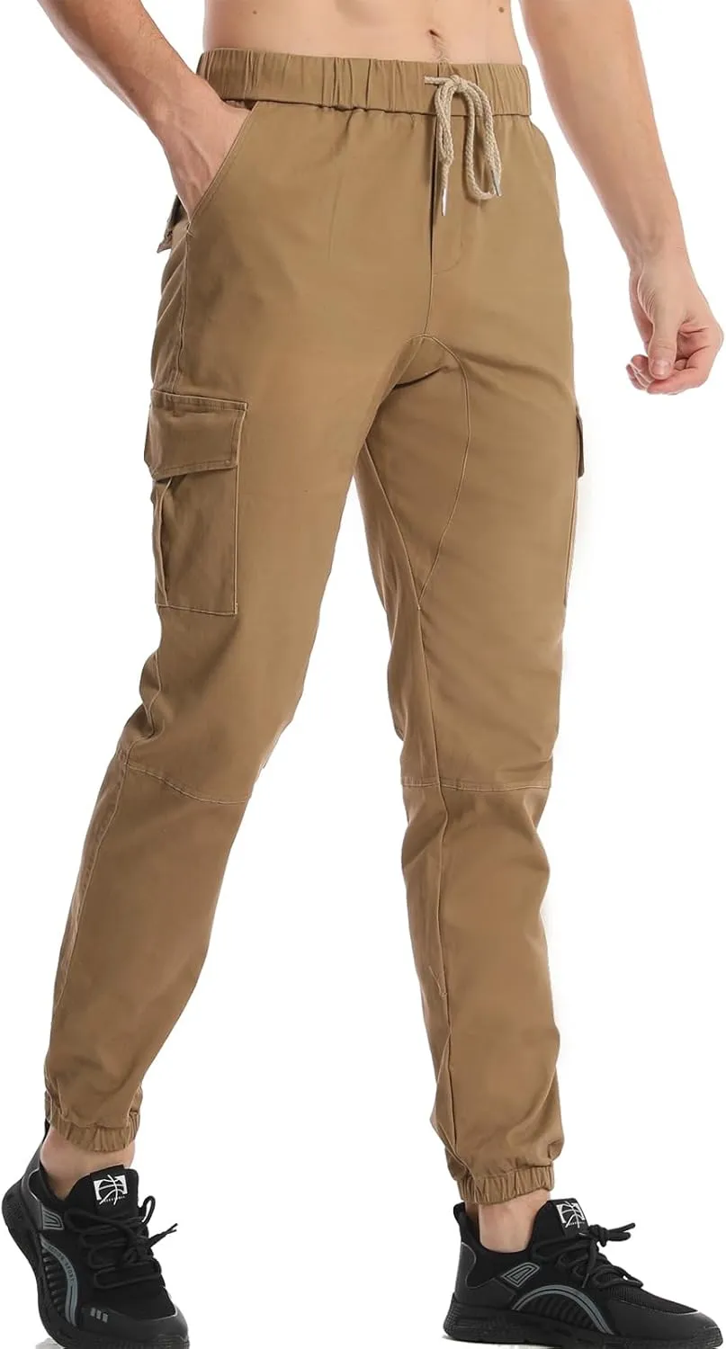 Surenow Mens Casual Cargo Pants Stretch Joggers Sweatpants Elastic Waist Drawstring Pants for Men Tapered Pants with Pockets