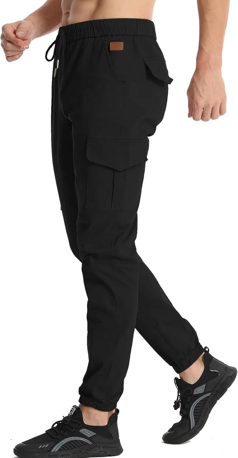 Surenow Mens Casual Cargo Pants Stretch Joggers Sweatpants Elastic Waist Drawstring Pants for Men Tapered Pants with Pockets