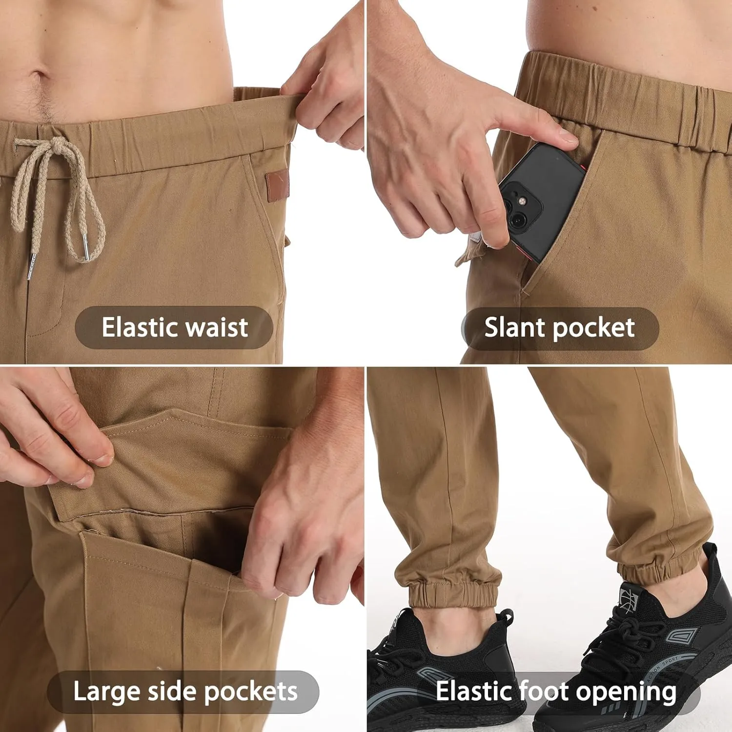 Surenow Mens Casual Cargo Pants Stretch Joggers Sweatpants Elastic Waist Drawstring Pants for Men Tapered Pants with Pockets