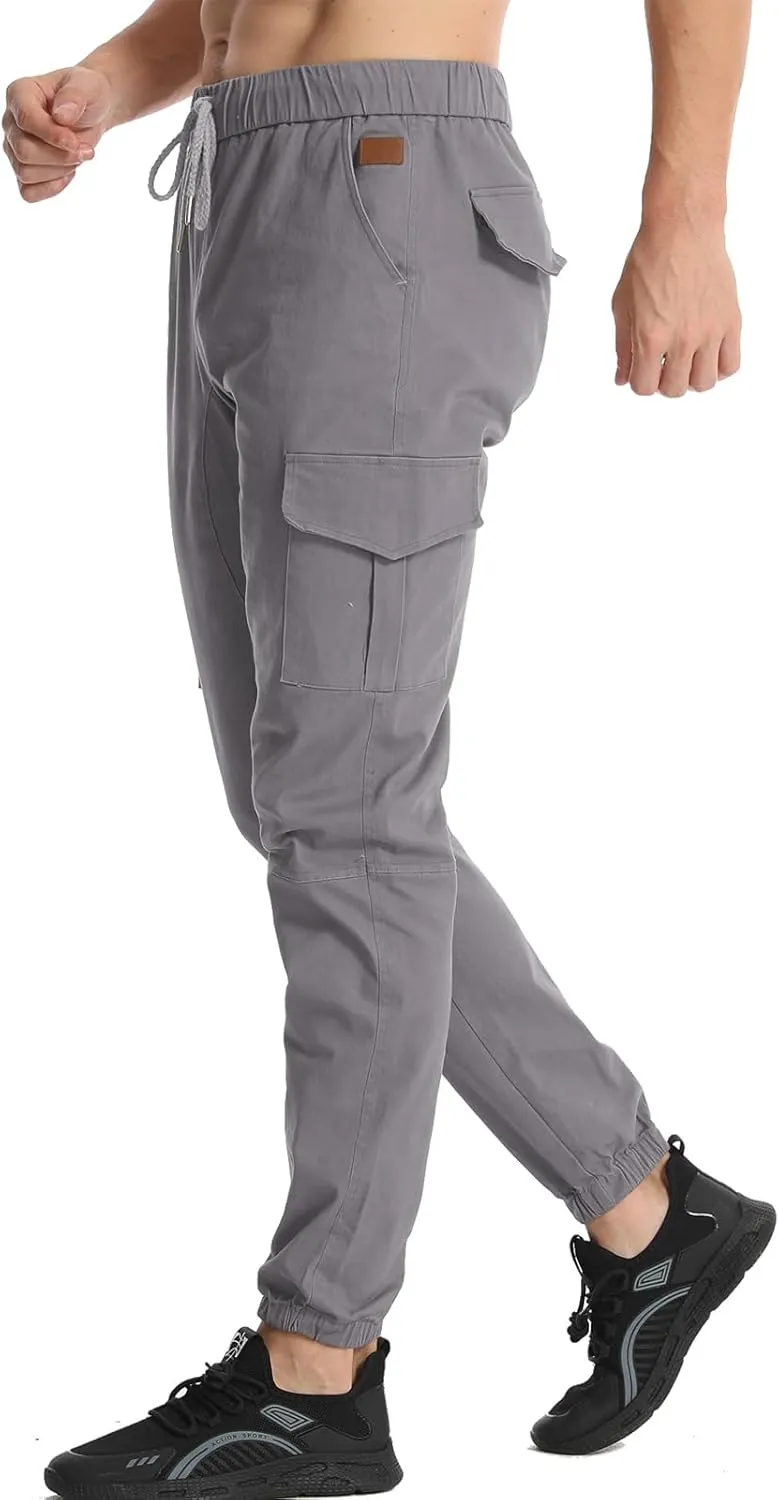Surenow Mens Casual Cargo Pants Stretch Joggers Sweatpants Elastic Waist Drawstring Pants for Men Tapered Pants with Pockets