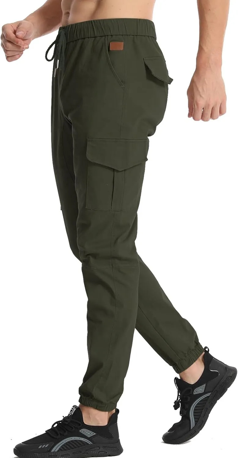 Surenow Mens Casual Cargo Pants Stretch Joggers Sweatpants Elastic Waist Drawstring Pants for Men Tapered Pants with Pockets