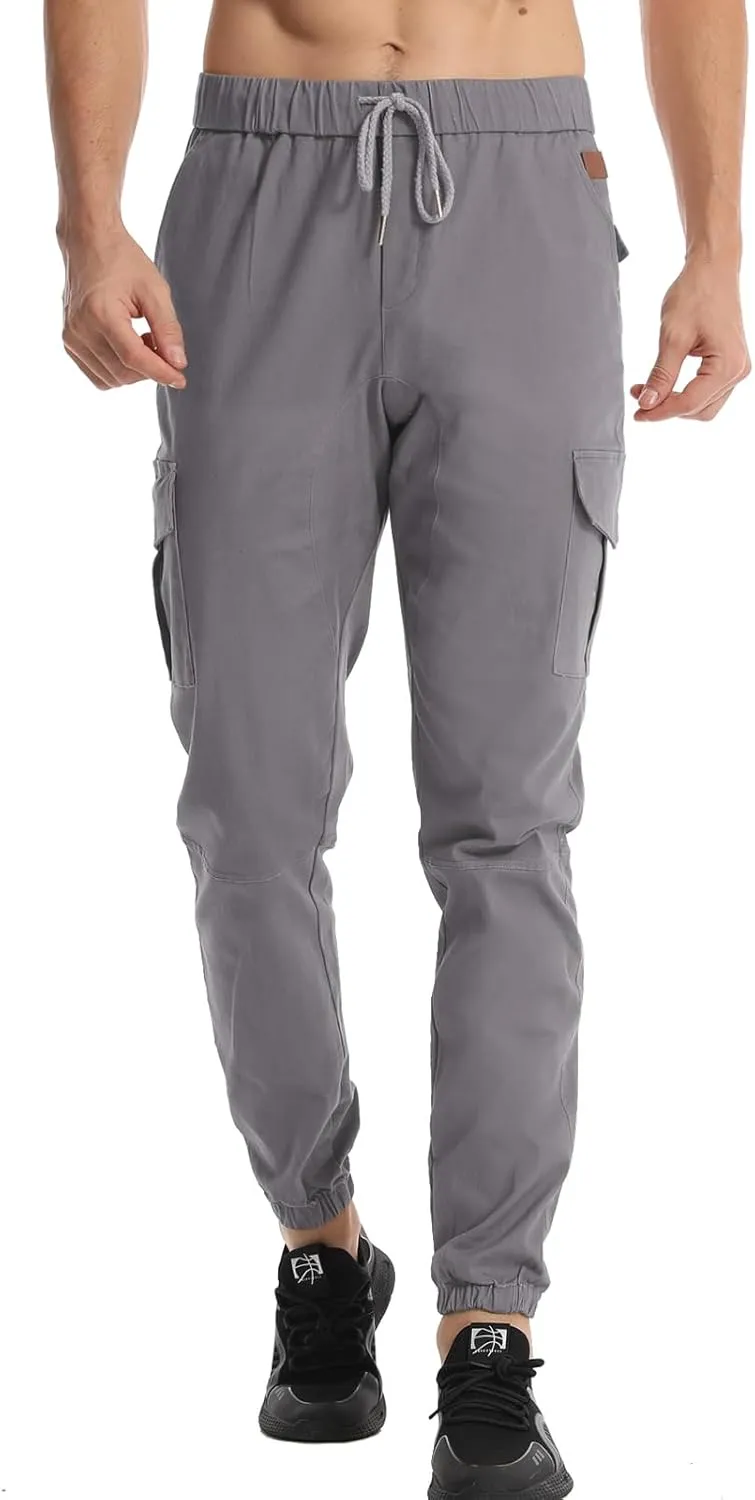 Surenow Mens Casual Cargo Pants Stretch Joggers Sweatpants Elastic Waist Drawstring Pants for Men Tapered Pants with Pockets