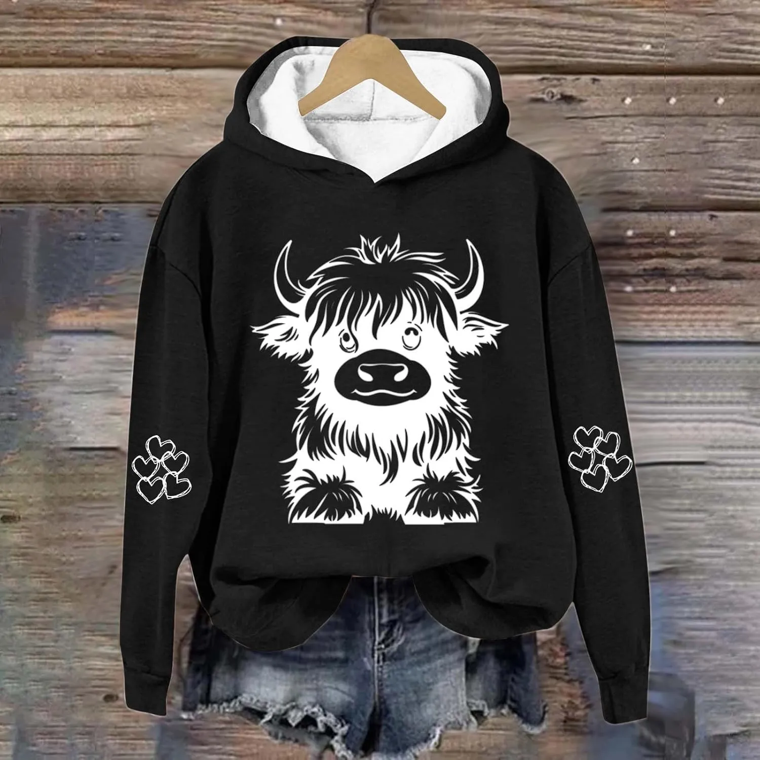 Sweatshirts for Women Cute Cow Print Hoodie Funny Graphic Hoodies Western Sweatshirt Plus Size Oversized Pullover