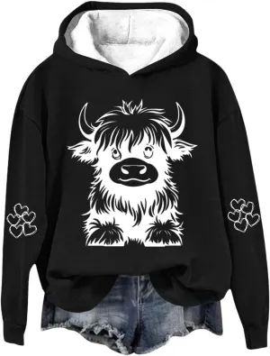 Sweatshirts for Women Cute Cow Print Hoodie Funny Graphic Hoodies Western Sweatshirt Plus Size Oversized Pullover
