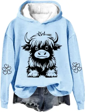 Sweatshirts for Women Cute Cow Print Hoodie Funny Graphic Hoodies Western Sweatshirt Plus Size Oversized Pullover