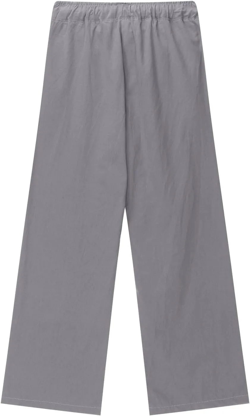 Teen Girls Casual Cotton Linen Pants Lightweight Summer Loose Fit Elastic Waist Plus Size Solid Lounge Long Trousers