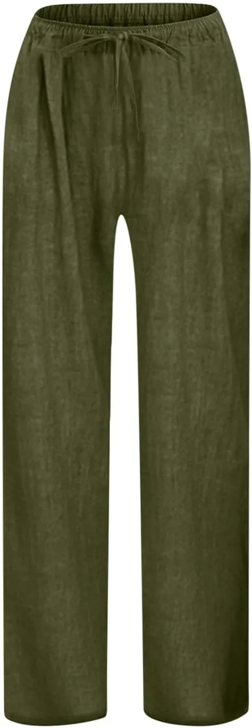 Teen Girls Casual Cotton Linen Pants Lightweight Summer Loose Fit Elastic Waist Plus Size Solid Lounge Long Trousers