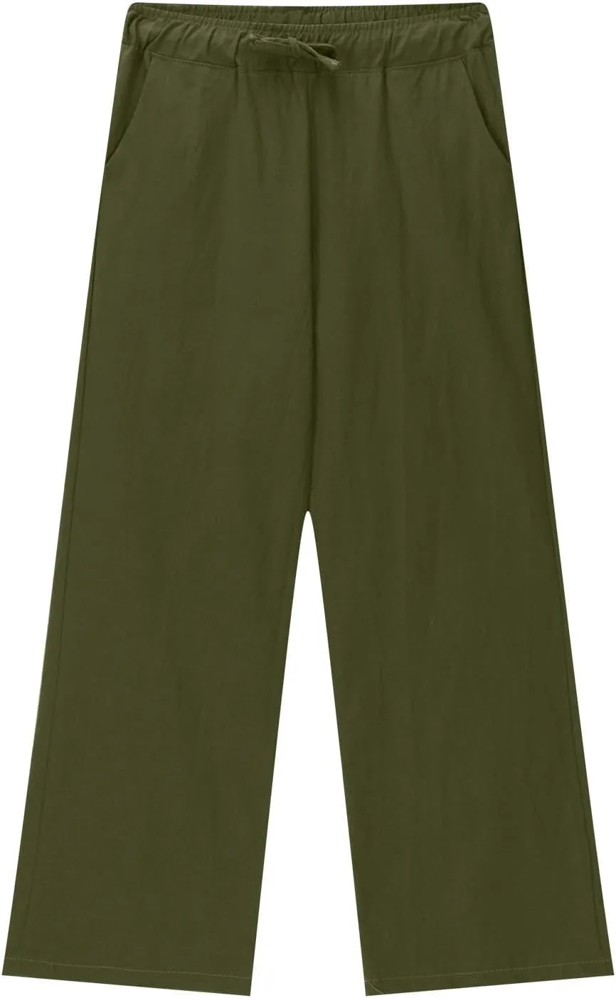 Teen Girls Casual Cotton Linen Pants Lightweight Summer Loose Fit Elastic Waist Plus Size Solid Lounge Long Trousers