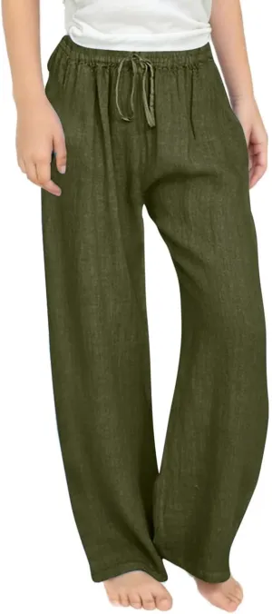 Teen Girls Casual Cotton Linen Pants Lightweight Summer Loose Fit Elastic Waist Plus Size Solid Lounge Long Trousers