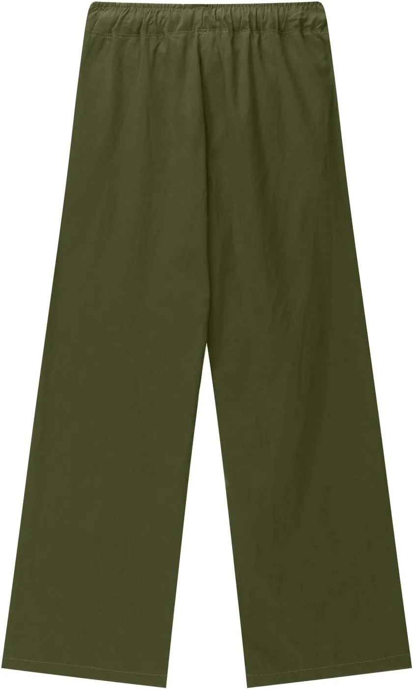 Teen Girls Casual Cotton Linen Pants Lightweight Summer Loose Fit Elastic Waist Plus Size Solid Lounge Long Trousers