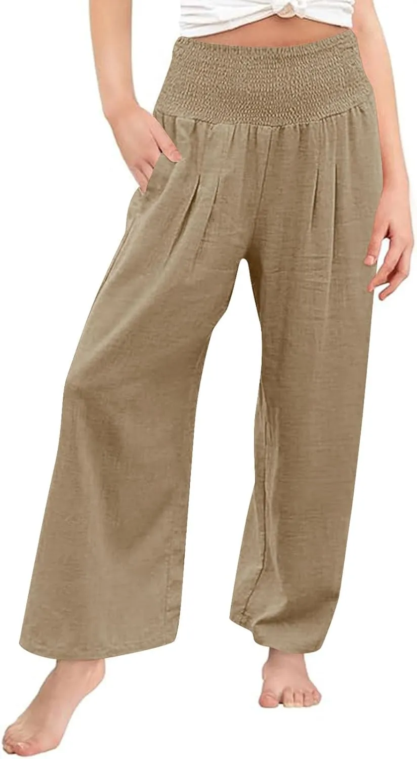 Teen Girls Cotton Linen Palazzo Pants Kids Beach Travel Resort Trousers Summer High Waist Casual Wide Leg Lounge Pant
