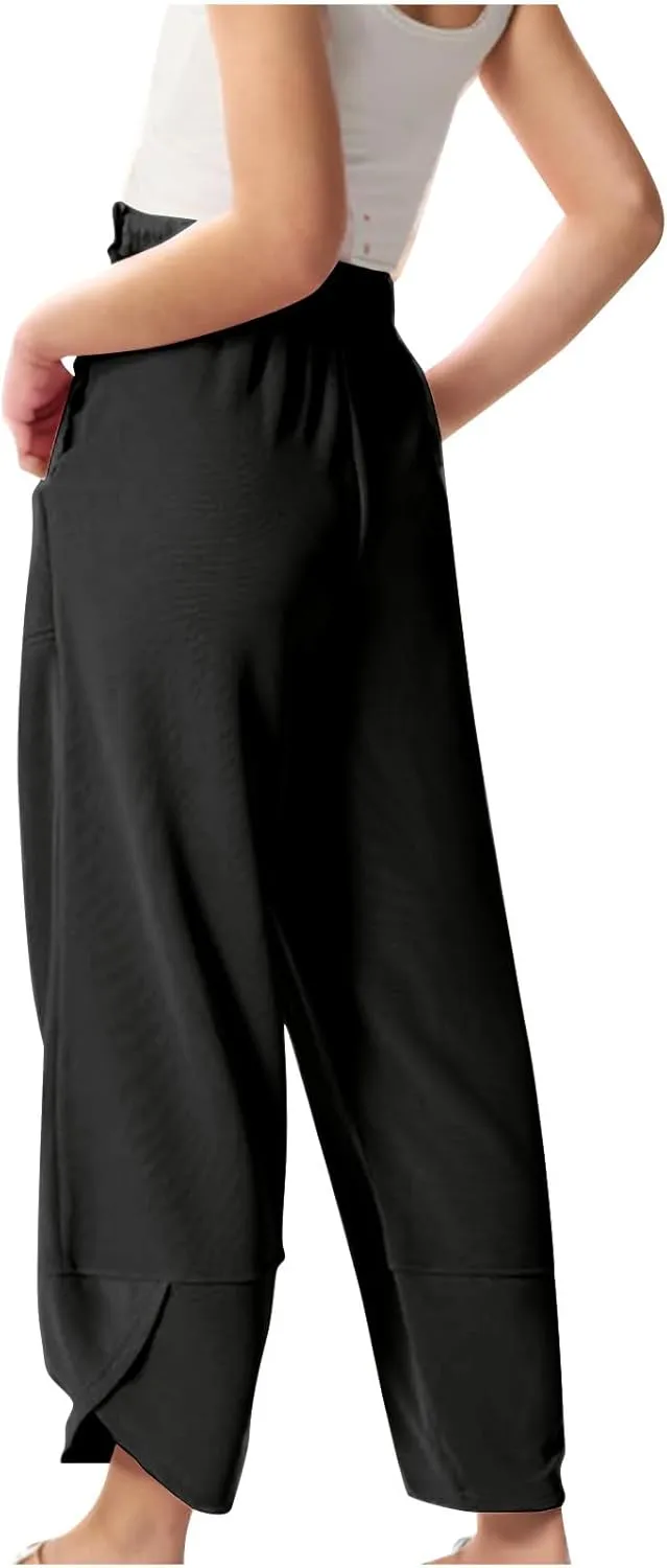 Teen Girls Palazzo Pants Summer Casual Cotton Linen Trousers Kids Lightweight Elastic Waist Solid Color Wide Leg Pant