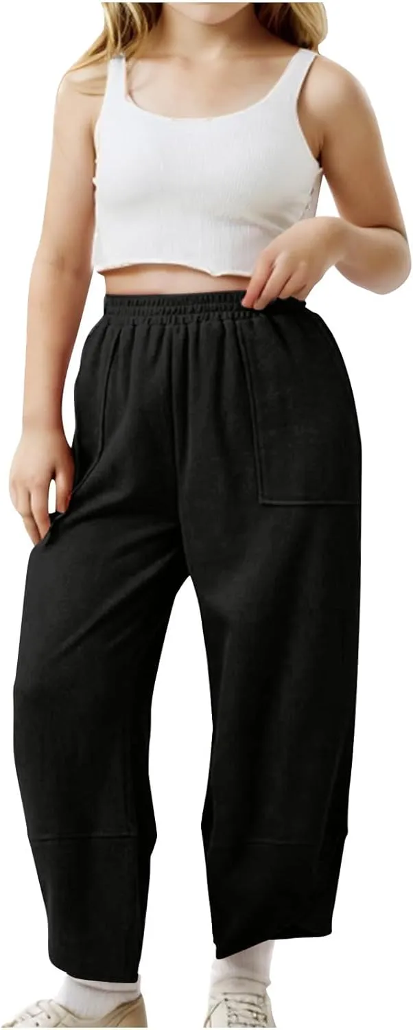 Teen Girls Palazzo Pants Summer Casual Cotton Linen Trousers Kids Lightweight Elastic Waist Solid Color Wide Leg Pant