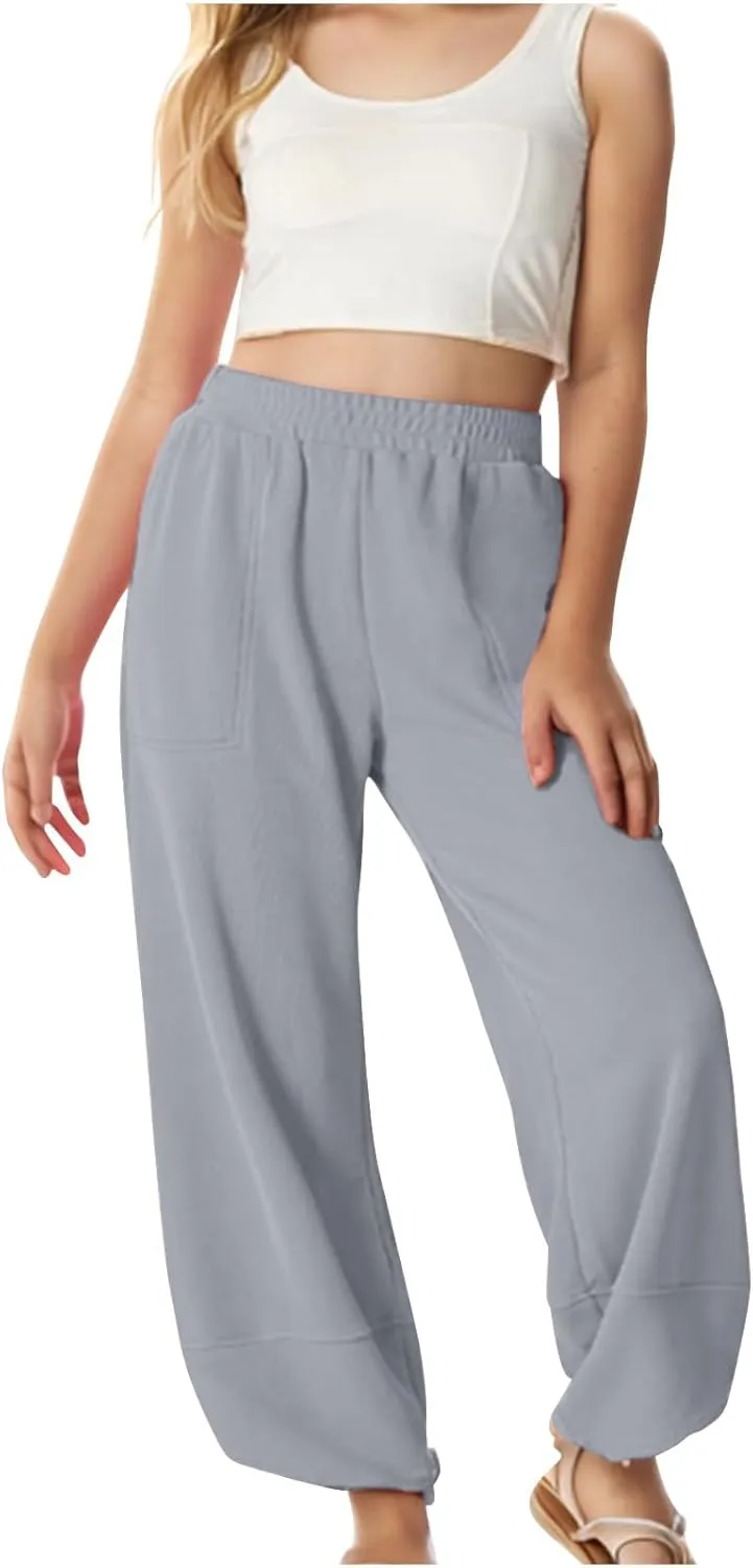 Teen Girls Palazzo Pants Summer Casual Cotton Linen Trousers Kids Lightweight Elastic Waist Solid Color Wide Leg Pant