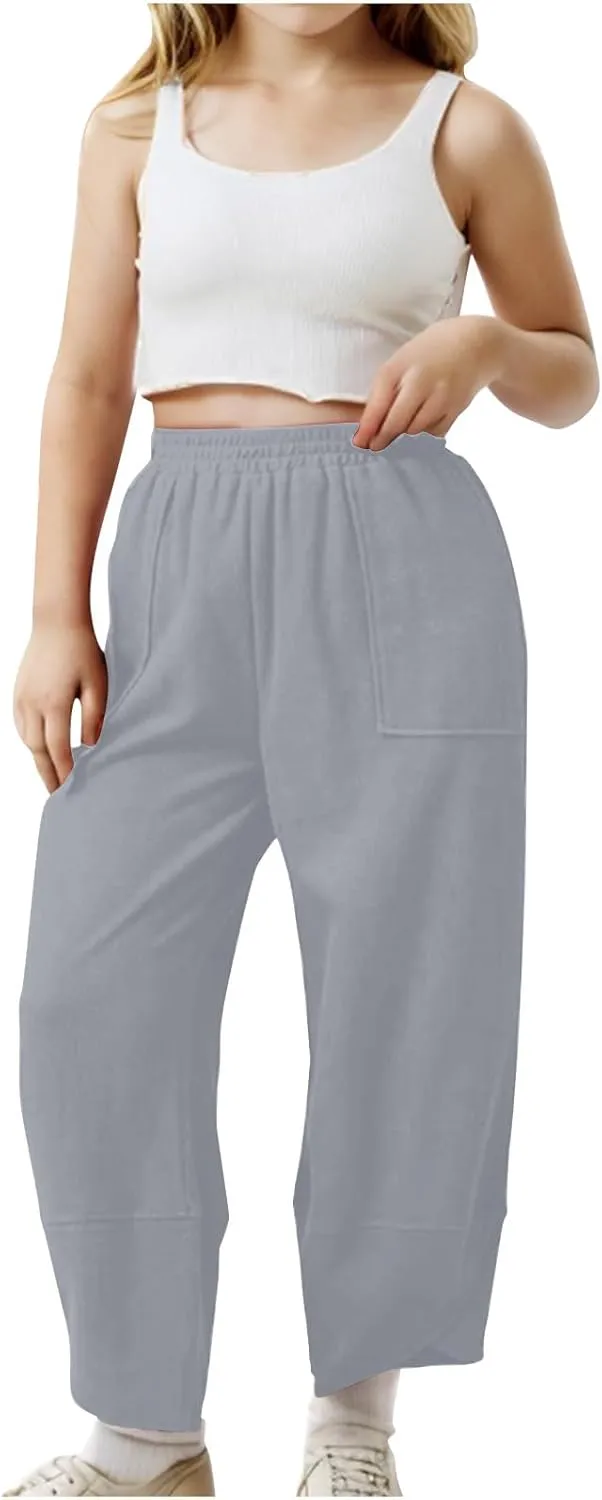 Teen Girls Palazzo Pants Summer Casual Cotton Linen Trousers Kids Lightweight Elastic Waist Solid Color Wide Leg Pant