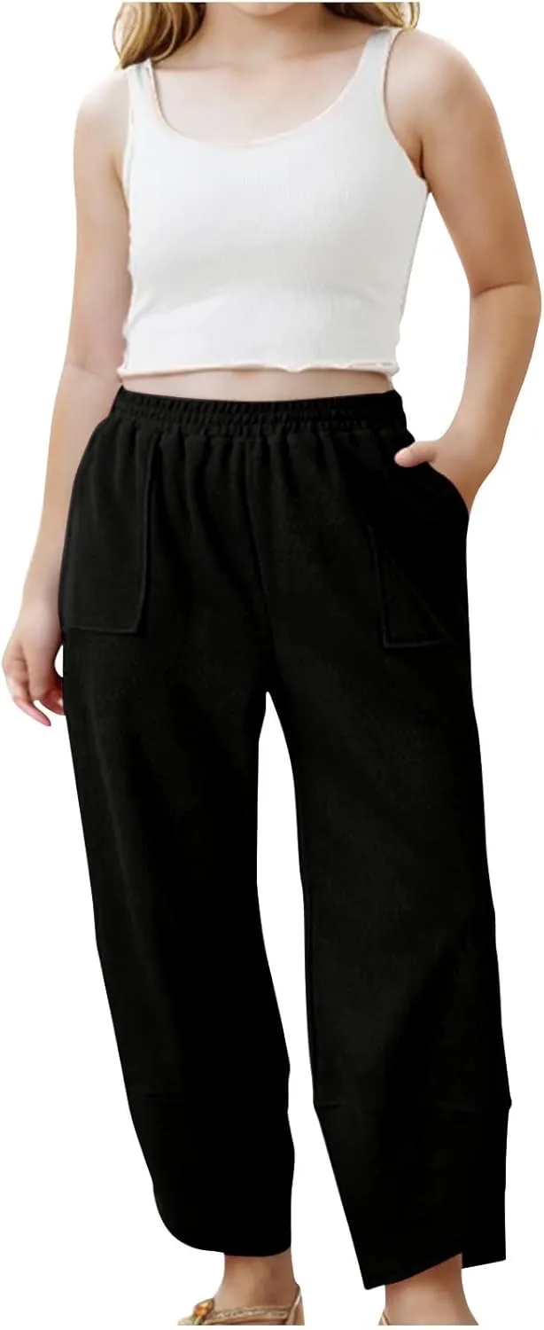 Teen Girls Palazzo Pants Summer Casual Cotton Linen Trousers Kids Lightweight Elastic Waist Solid Color Wide Leg Pant