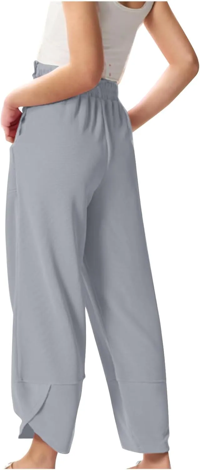 Teen Girls Palazzo Pants Summer Casual Cotton Linen Trousers Kids Lightweight Elastic Waist Solid Color Wide Leg Pant