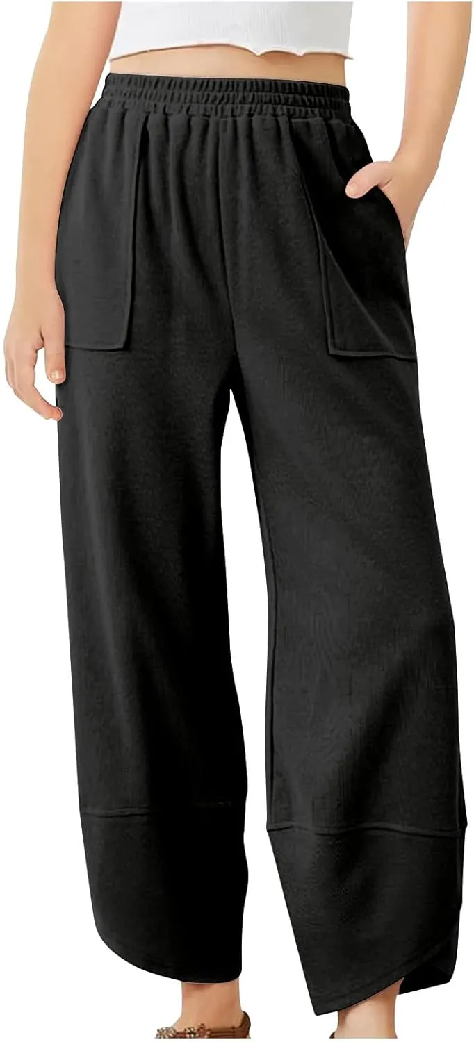 Teen Girls Palazzo Pants Summer Casual Cotton Linen Trousers Kids Lightweight Elastic Waist Solid Color Wide Leg Pant