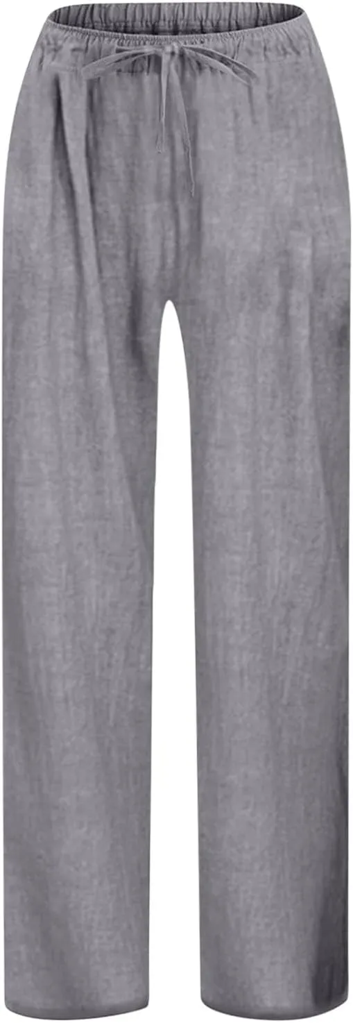 Teen Girls Preppy Cotton Linen Pants Summer Lightweight Loose Fit Elastic Waist Plus Size Solid Lounge Long Trousers