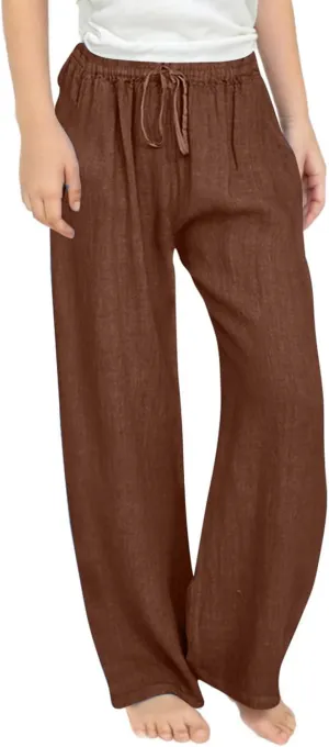 Teen Girls Preppy Cotton Linen Pants Summer Lightweight Loose Fit Elastic Waist Plus Size Solid Lounge Long Trousers