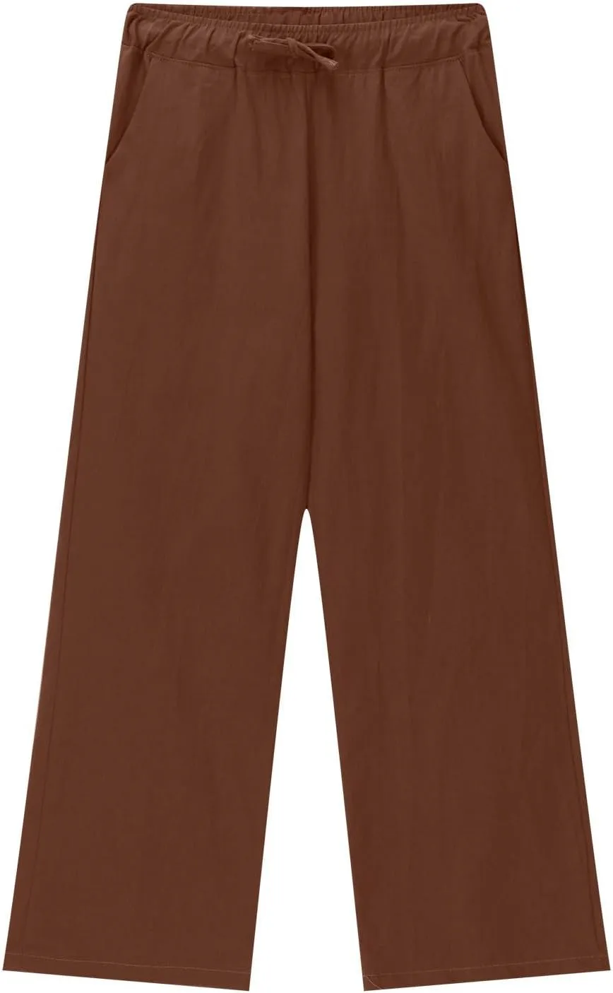 Teen Girls Preppy Cotton Linen Pants Summer Lightweight Loose Fit Elastic Waist Plus Size Solid Lounge Long Trousers
