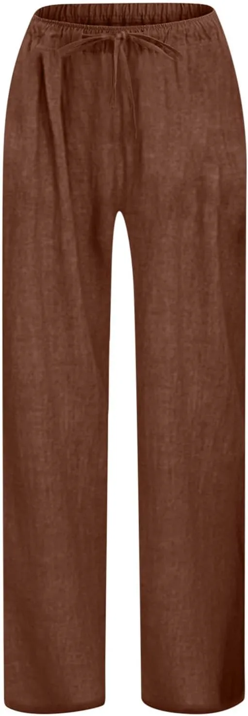Teen Girls Preppy Cotton Linen Pants Summer Lightweight Loose Fit Elastic Waist Plus Size Solid Lounge Long Trousers