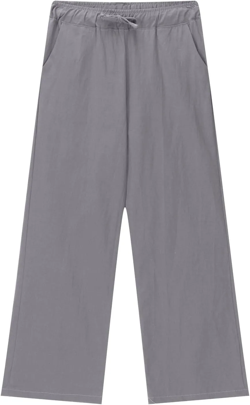 Teen Girls Preppy Cotton Linen Pants Summer Lightweight Loose Fit Elastic Waist Plus Size Solid Lounge Long Trousers