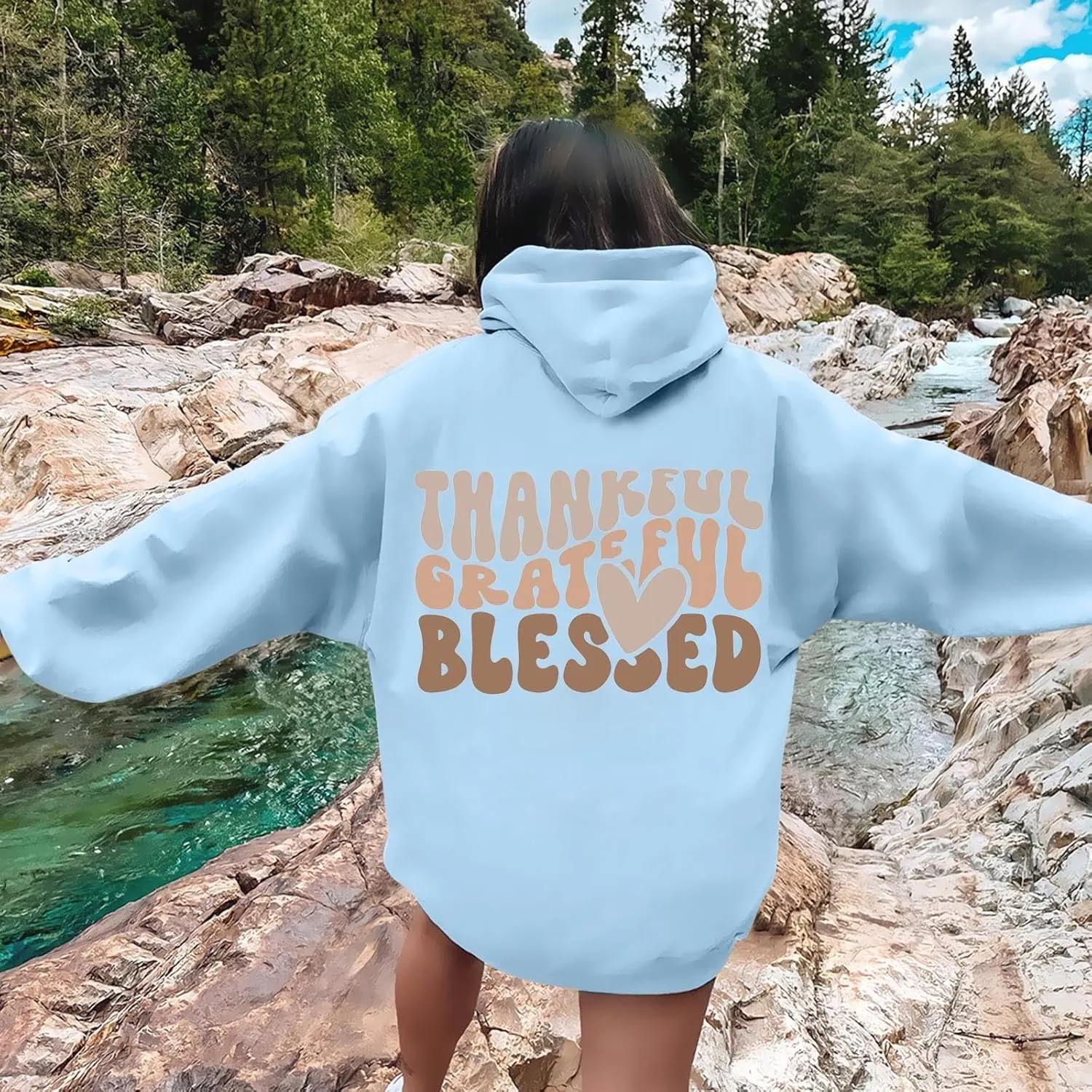 Thankful Grateful Blessed Letter Print Hoodie For Women Fleece Pullover With Kangaroo Pocket Hooded Graphic Tee Fall Trendy