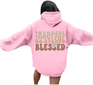 Thankful Grateful Blessed Letter Print Hoodie For Women Fleece Pullover With Kangaroo Pocket Hooded Graphic Tee Fall Trendy