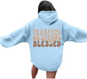 Thankful Grateful Blessed Letter Print Hoodie For Women Fleece Pullover With Kangaroo Pocket Hooded Graphic Tee Fall Trendy