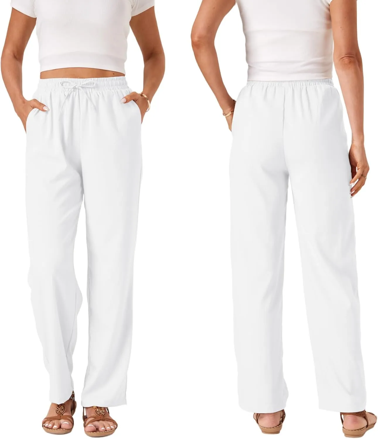 TOPYOGAS Womens High Waist Drawstring Stretch Casual Pants Summer Loose Pants Straight Trousers with Pockets