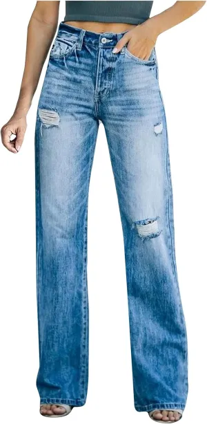 tuduoms Women's Loose Boyfriend Jeans Stretchy Ripped Distressed Denim Pants High Waisted Wide Leg Straight Jeans Trousers
