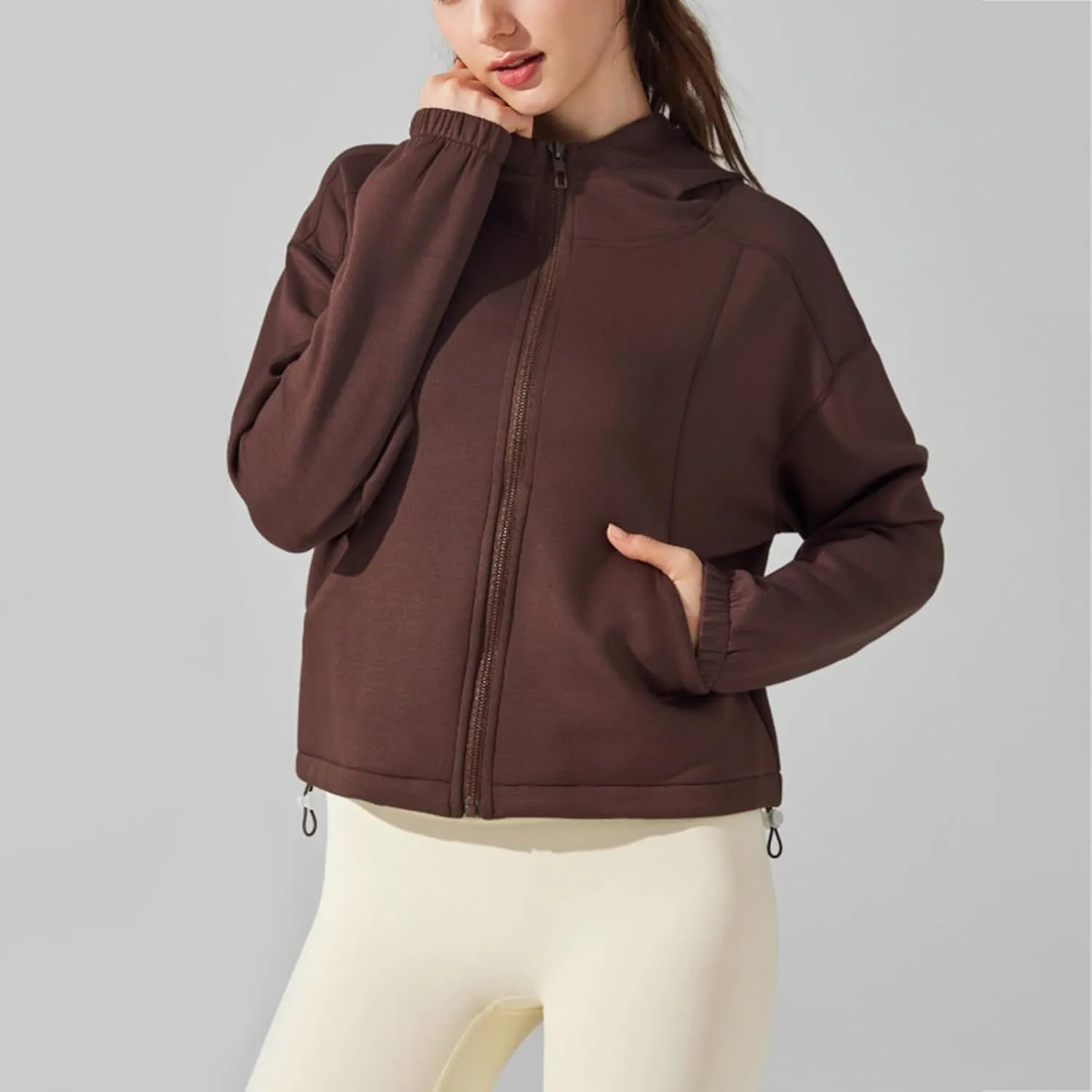 TUQIDEWU Womens Fleece Zip Up Cropped Sweatshirts, Workout Jackets Athletic Casual Long Sleeve Sweatshirts with Pockets