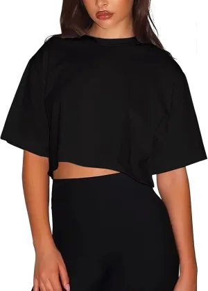 TZLDN Women Short Sleeve Oversized Cropped Tshirts Workout Loose Fit Boxy Tee Shirts Cotton Cute Basic Gym Summer Tops