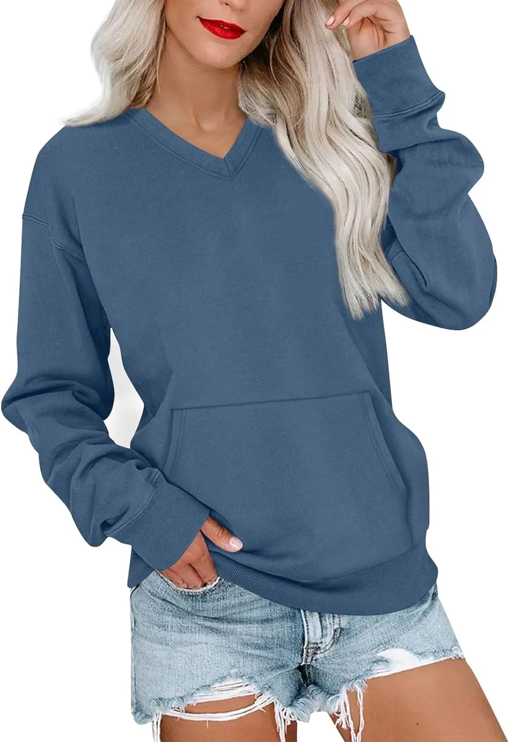 V Neck Sweatshirt Women Fleece Pocket Cute Sweatshirts No Hood Oversized Comfy Hoodie Y2k Soft Winter Clothes