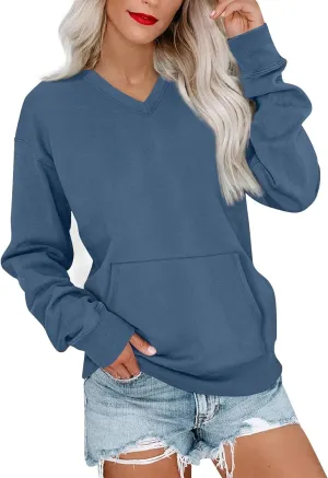 V Neck Sweatshirt Women Fleece Pocket Cute Sweatshirts No Hood Oversized Comfy Hoodie Y2k Soft Winter Clothes