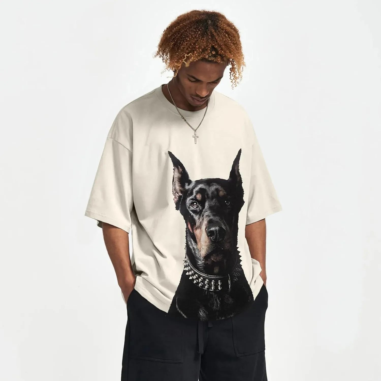 Weiyuqi Mens Oversized Doberman Shirt Graphic Tees Casual Streetwear Aesthetic Baggy Harajuku Vintage T-Shirt Unisex Tops