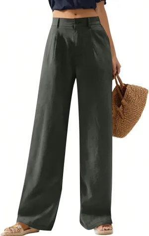 Wide Leg Linen Pants for Women Dressy Pleated Business Casual Work Pants High Waisted Dress Pants Slacks with Pockets