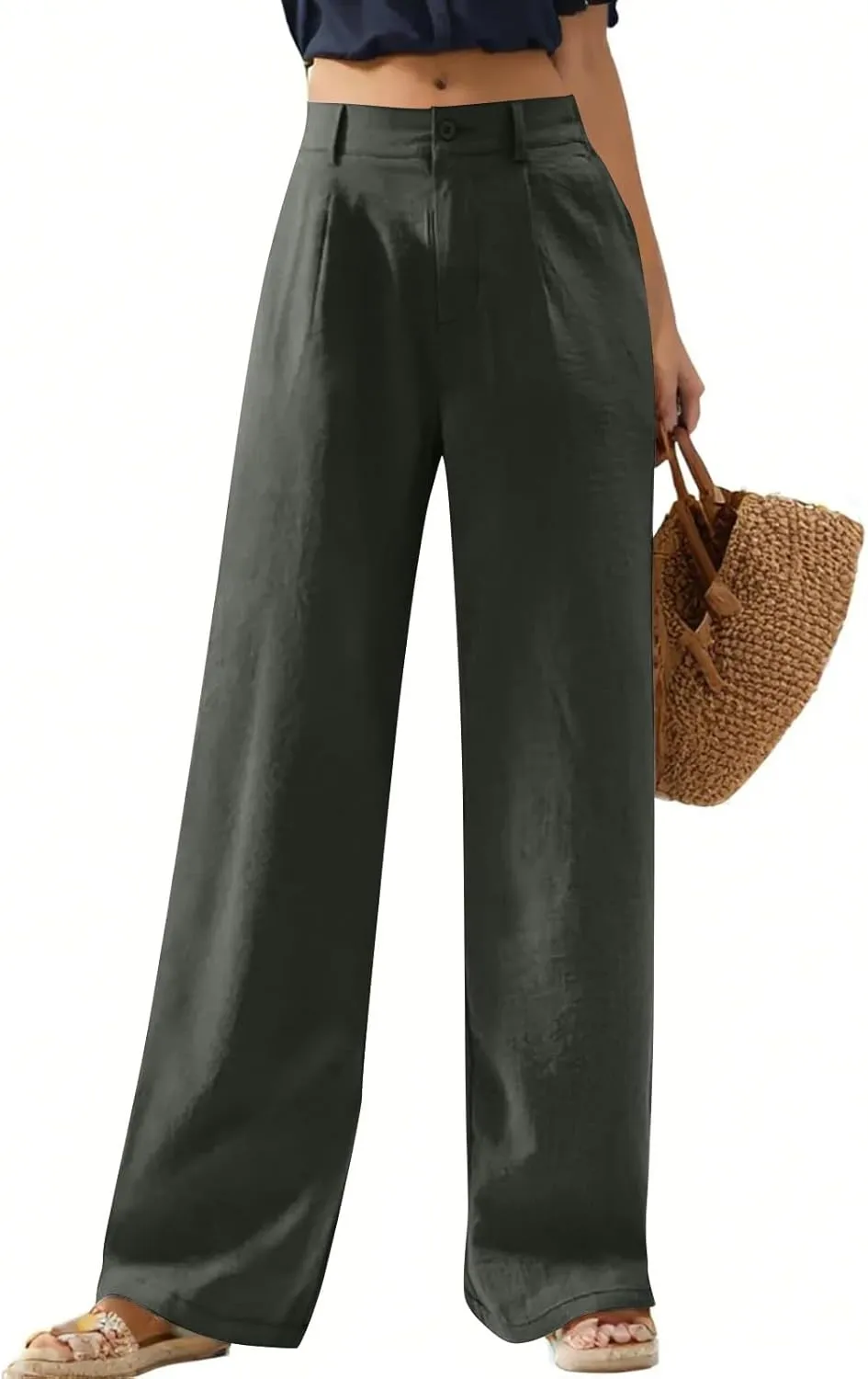 Wide Leg Linen Pants for Women Dressy Pleated Business Casual Work Pants High Waisted Dress Pants Slacks with Pockets