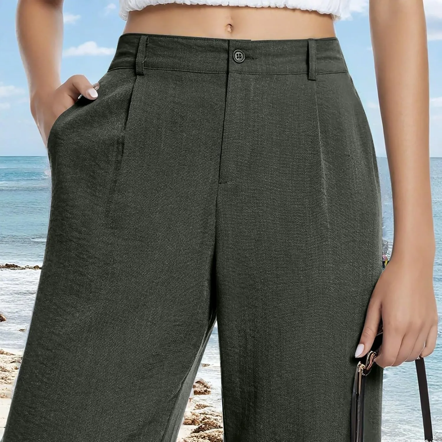 Wide Leg Linen Pants for Women Dressy Pleated Business Casual Work Pants High Waisted Dress Pants Slacks with Pockets