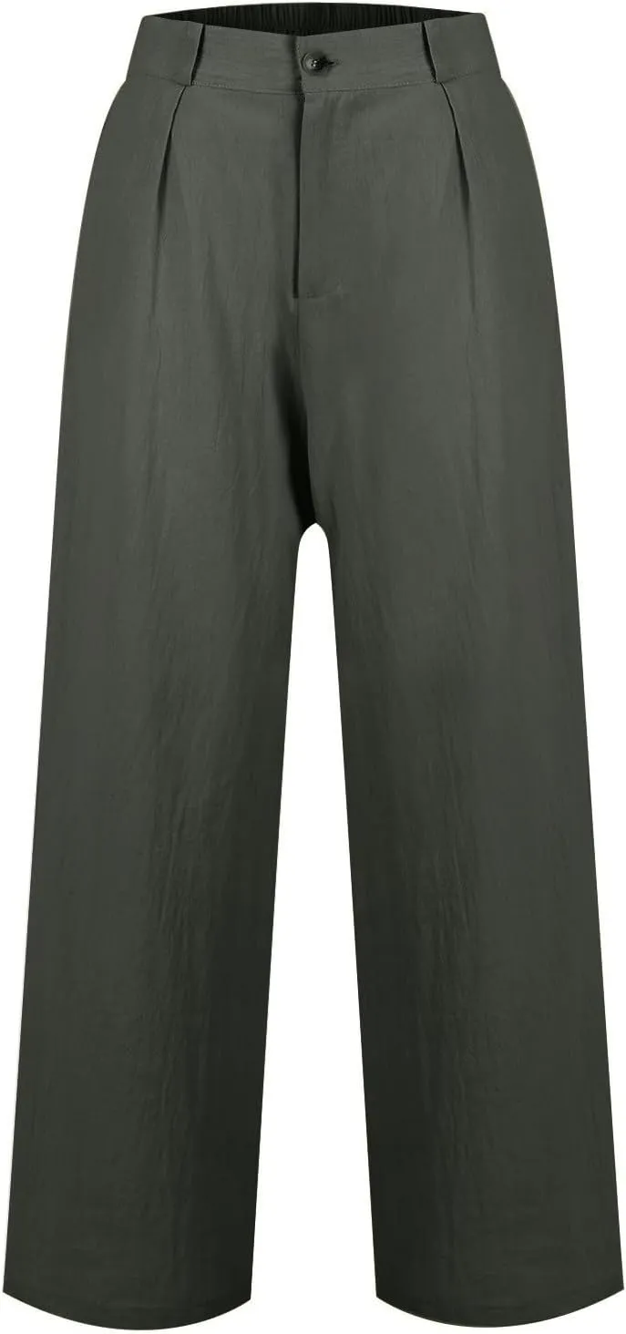 Wide Leg Linen Pants for Women Dressy Pleated Business Casual Work Pants High Waisted Dress Pants Slacks with Pockets
