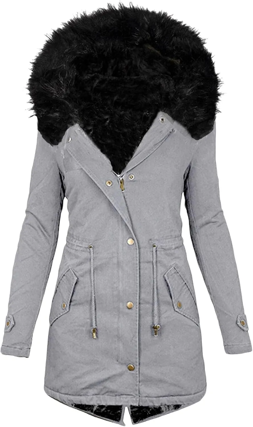 Winter Jacket for Women Fleece Puffer Lined Parka Drawstring Waterproof Coat Warm Hood Overcoat with Pockets